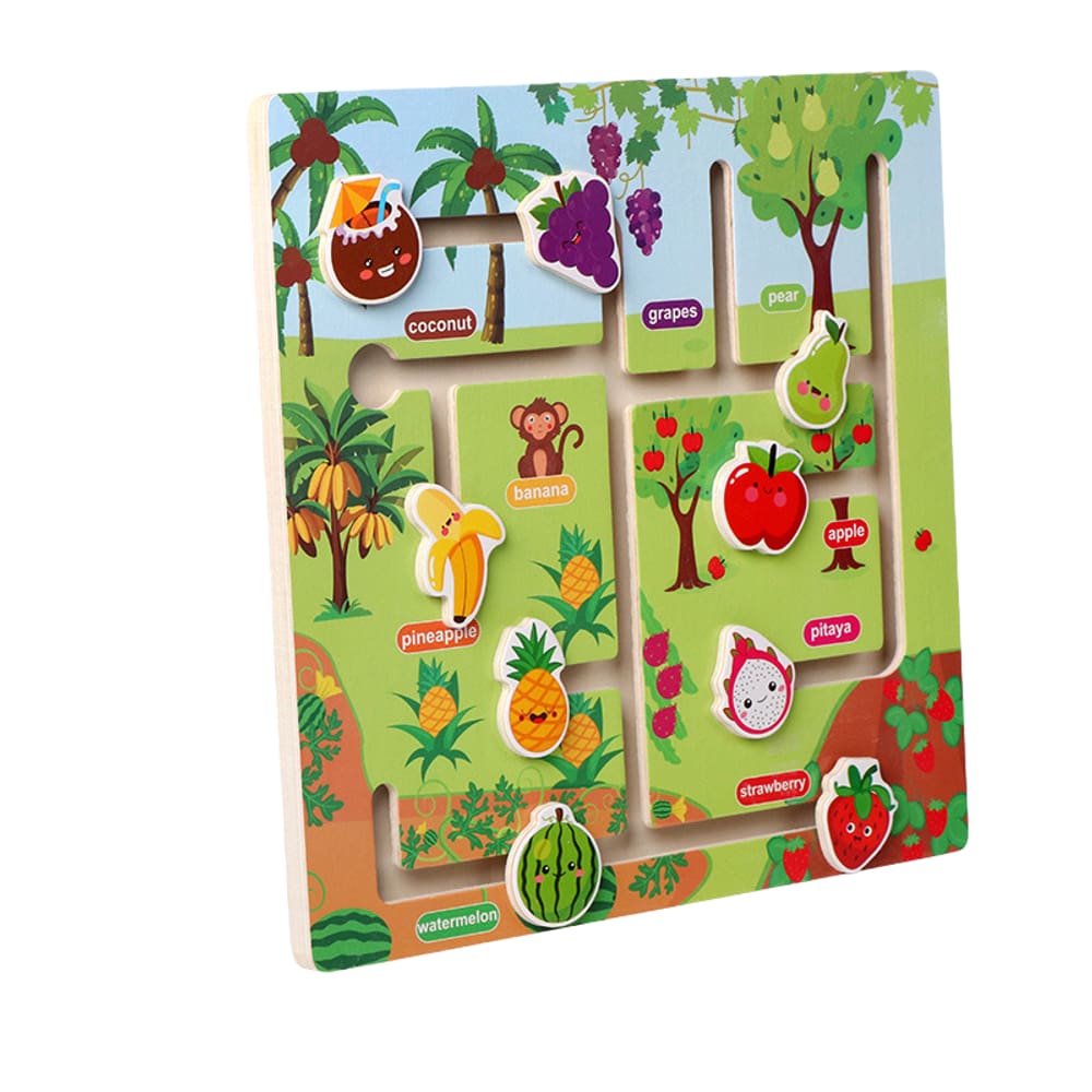 Jogo de labirinto, brinquedo de aprendizagem precoce, tema de frutas de madeira para crianças