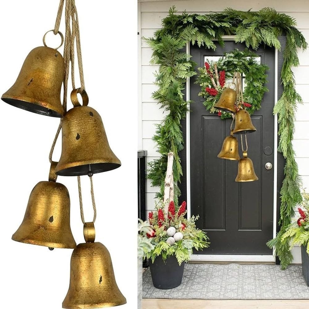 Sinos de vaca decorativos vintage feitos à mão em metal com corda, conjunto de 4