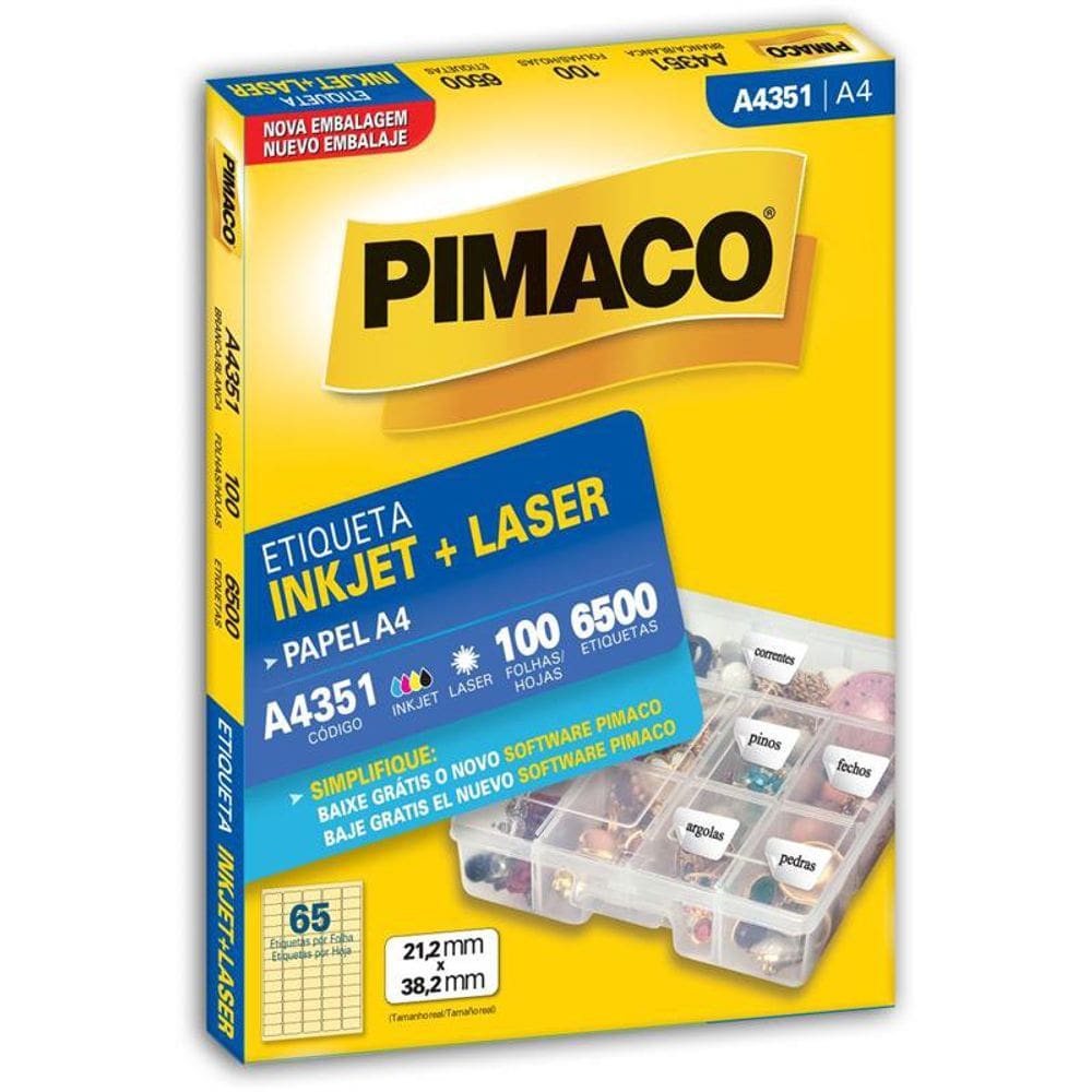 Etiqueta Inkjet Laser A4 A4351 100 Folhas 21.2 x 38.2mm Pimaco