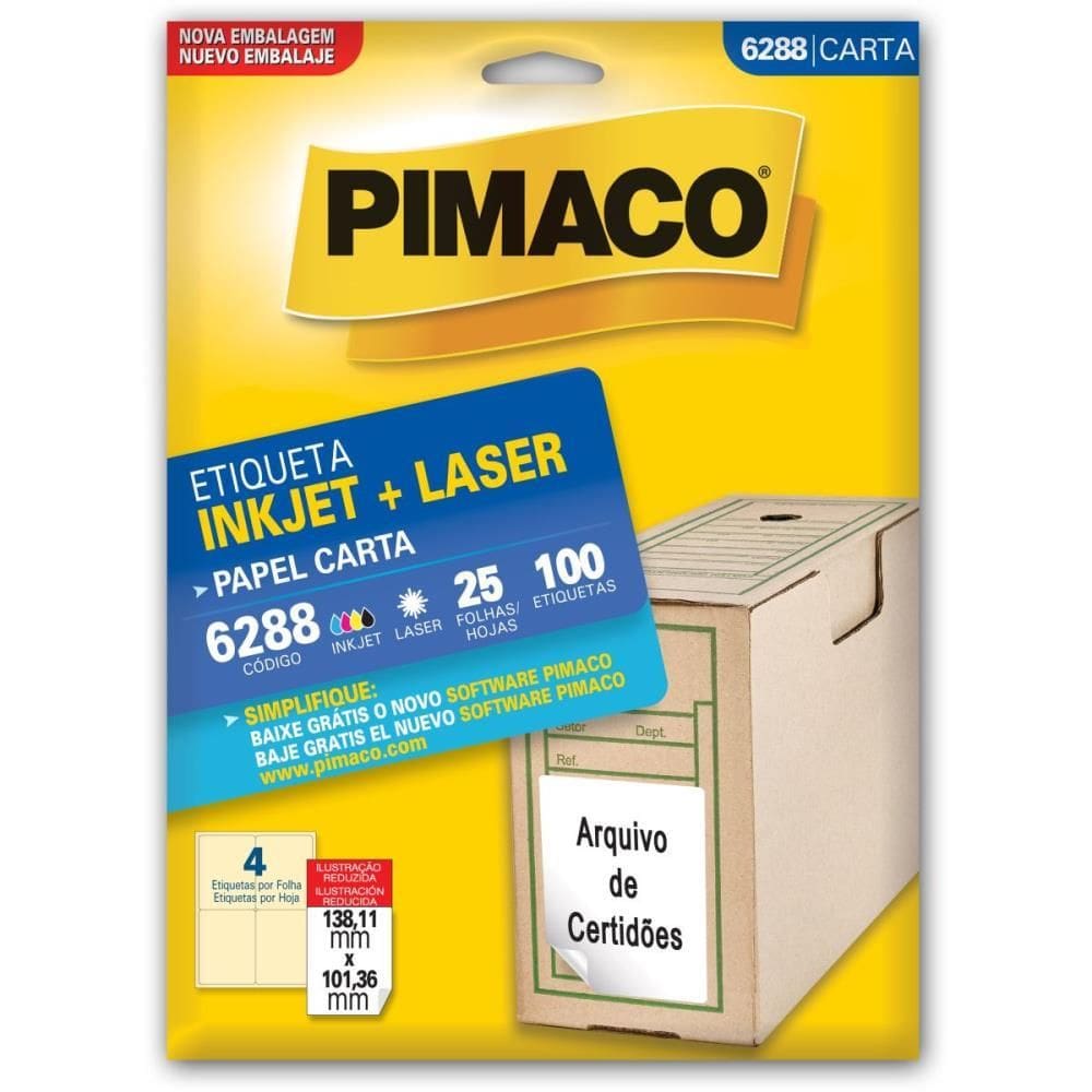 Etiqueta Inkjet Laser 6288 25 Folhas 138,11 x 106,36mm Pimaco