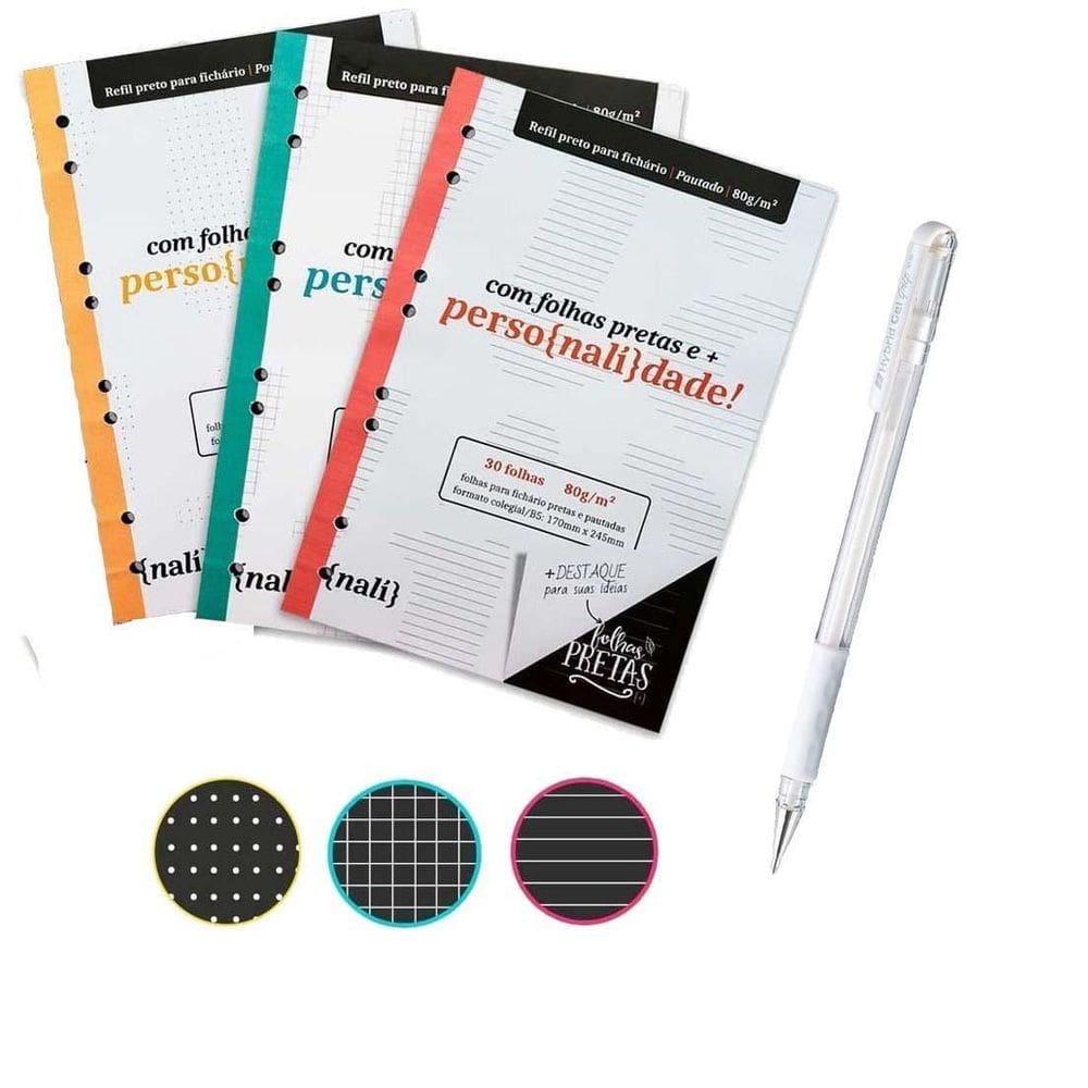 Kit Refil Fichario Folhas Pretas Nali Caneta Branca Pentel