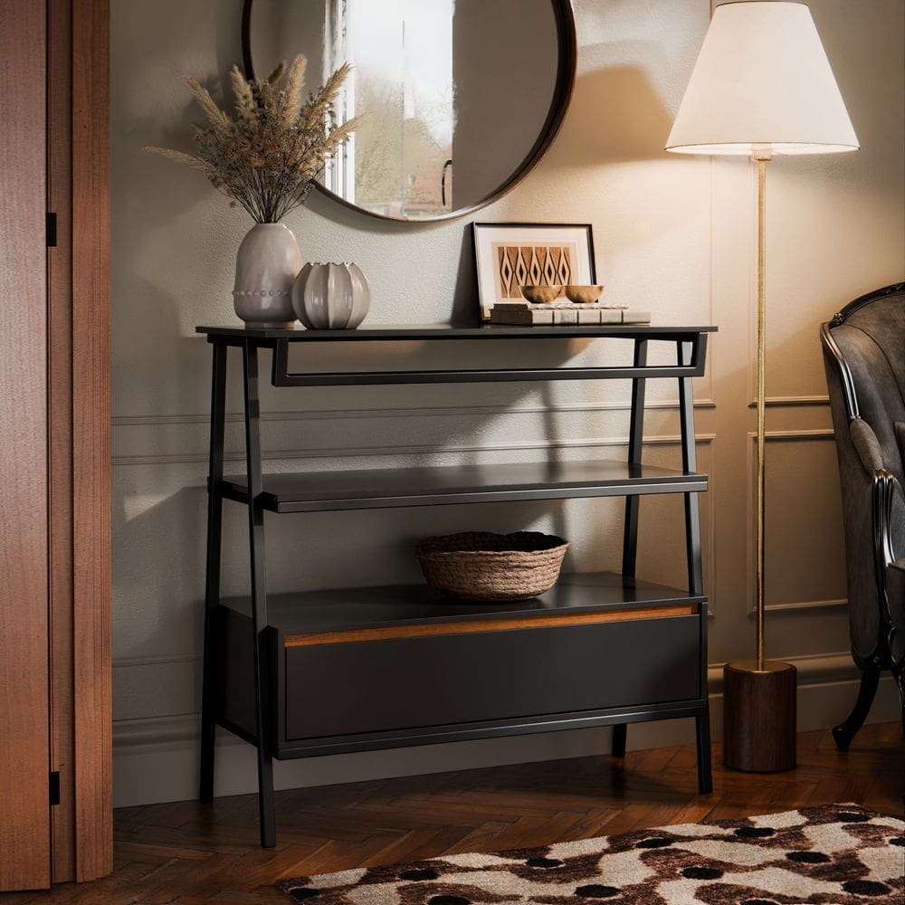 Aparador Industrial Hall de Entrada 1 Gaveta Thor Preto Cedro com Preto - Rede Móveis