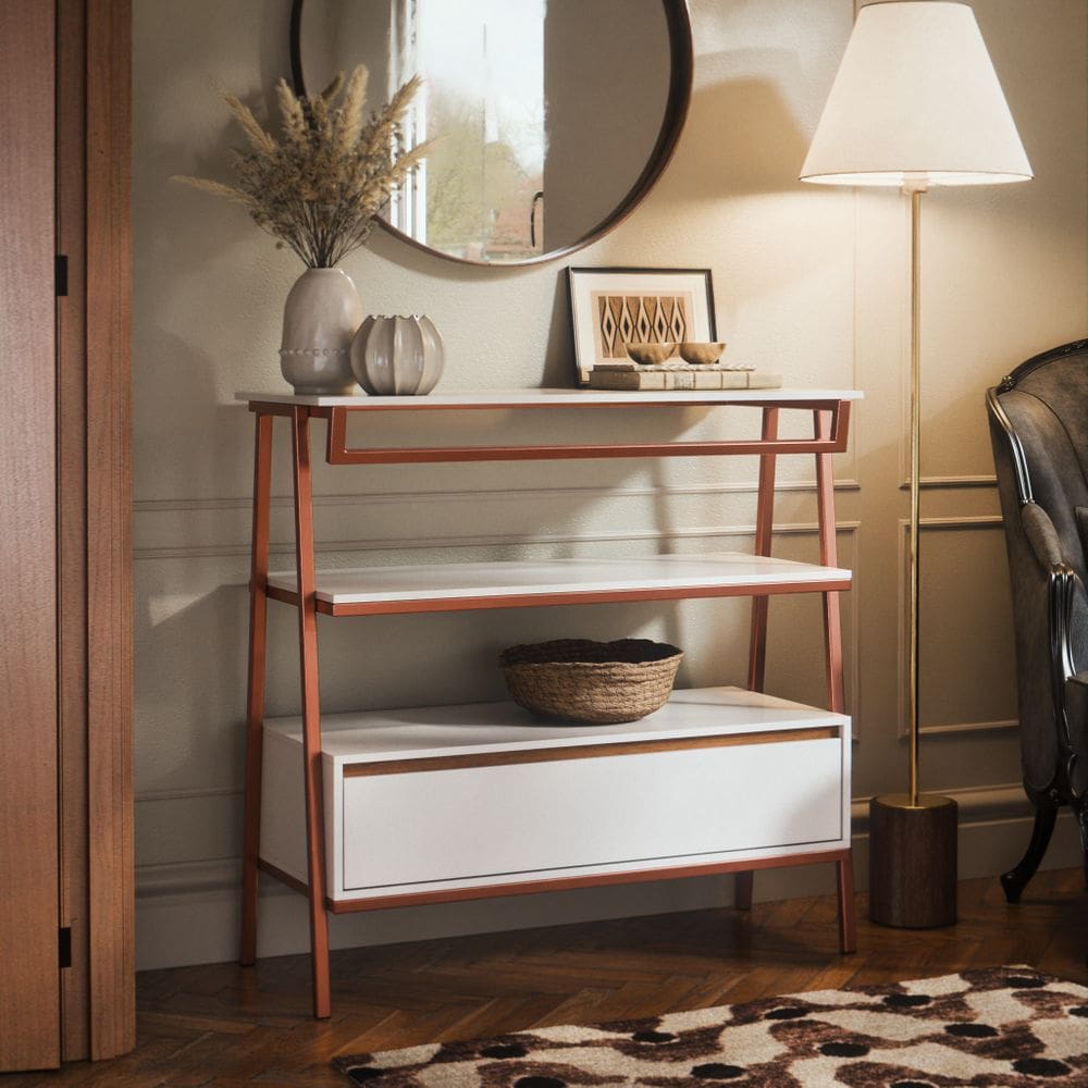 Aparador Industrial Hall de Entrada 1 Gaveta Thor Branco Cedro com Bronze - Rede Móveis