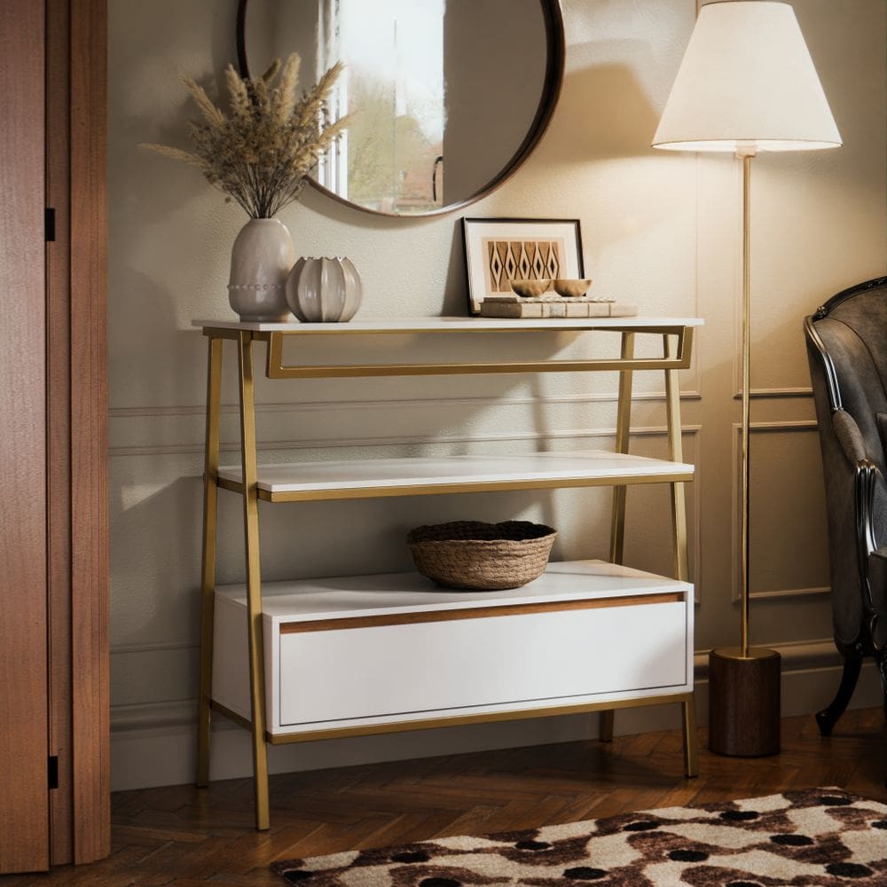 Aparador Industrial Hall de Entrada 1 Gaveta Thor Branco Cedro com Dourado - Rede Móveis