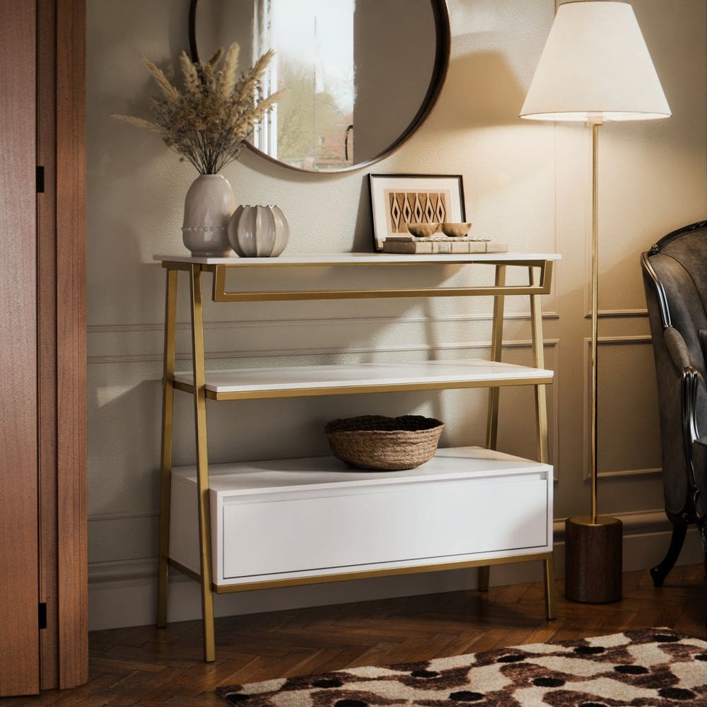 Aparador Industrial Hall de Entrada 1 Gaveta Thor Branco com Dourado - Rede Móveis