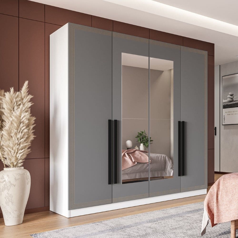 Guarda Roupa Roupeiro 4 portas 4 gavetas com Espelho Valência Branco Cinza Politorno Móveis