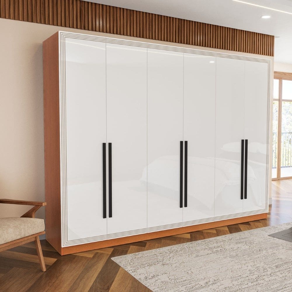 Guarda Roupa Roupeiro 6 portas 4 gavetas Valência Freijó Branco Politorno Móveis