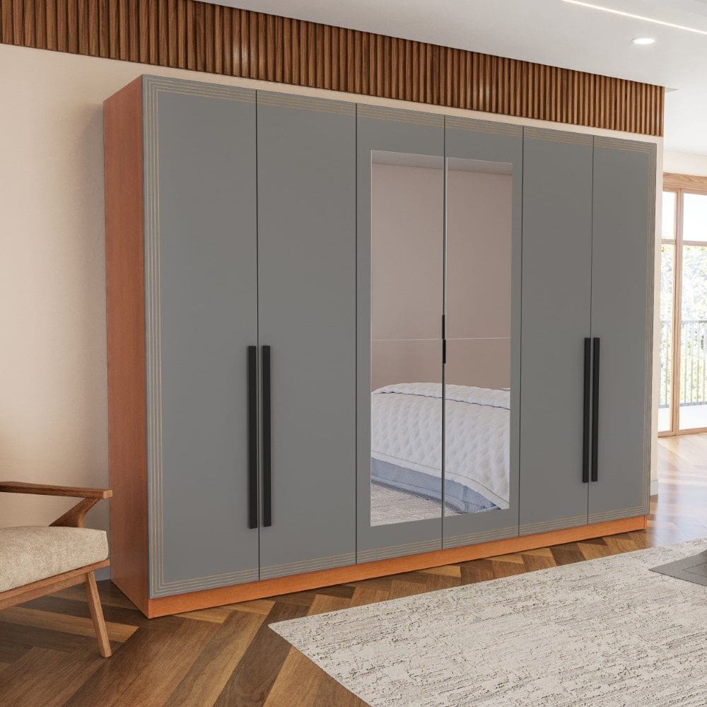 Guarda Roupa Roupeiro 6 portas 4 gavetas com Espelho Valência Freijó Cinza Politorno Móveis