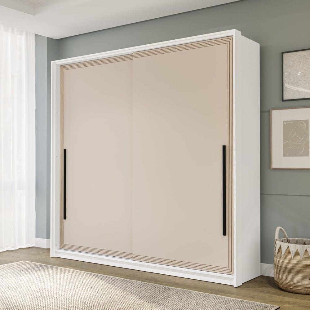 Guarda Roupa Roupeiro 2 portas de correr 2 gavetas Valência Branco Creme Politorno Móveis