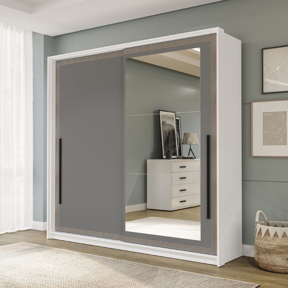 Guarda Roupa Roupeiro 2 portas de correr 2 gavetas com Espelho Valência Branco Cinza Politorno Móveis
