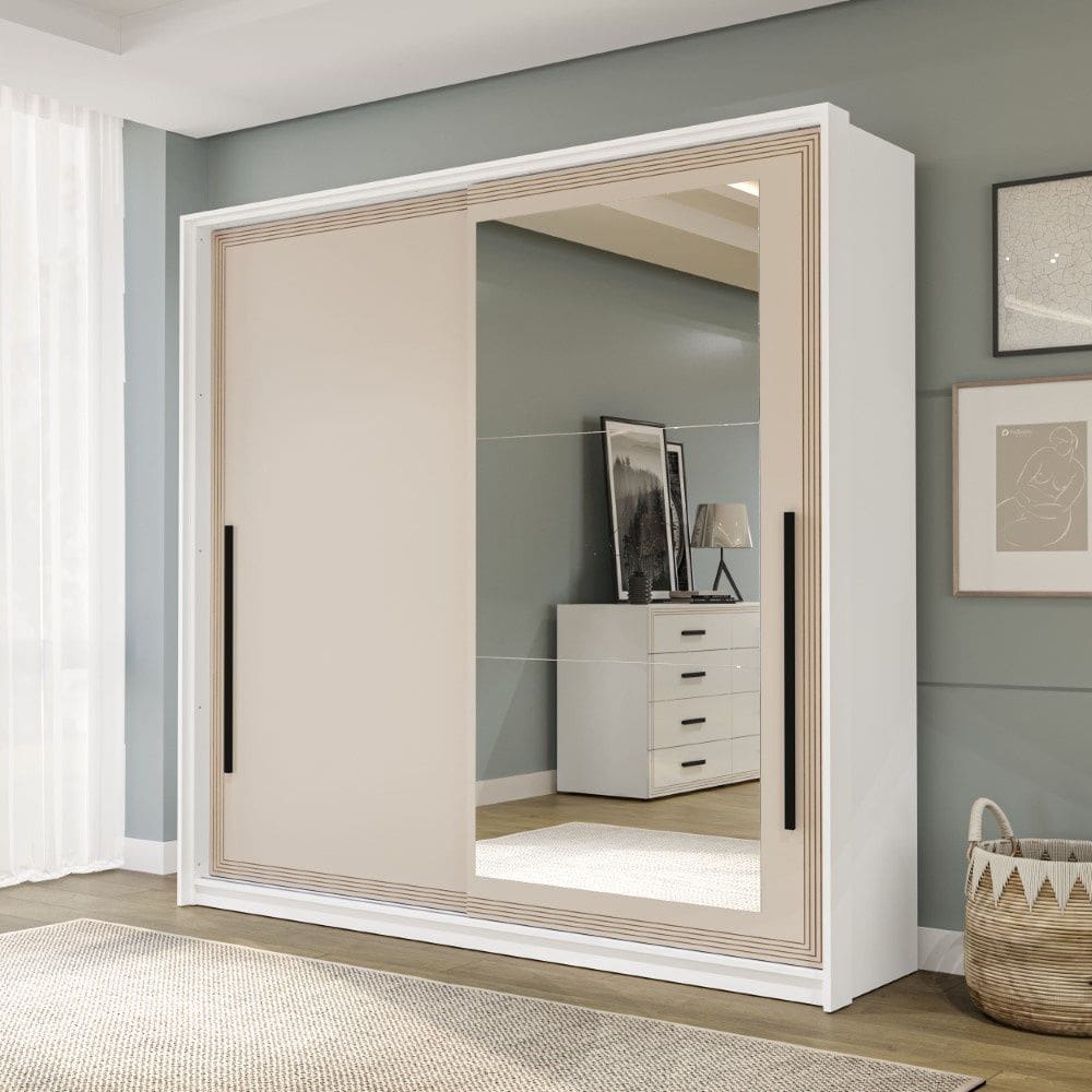 Guarda Roupa Roupeiro 2 portas de correr 2 gavetas com Espelho Valência Branco Creme Politorno Móveis