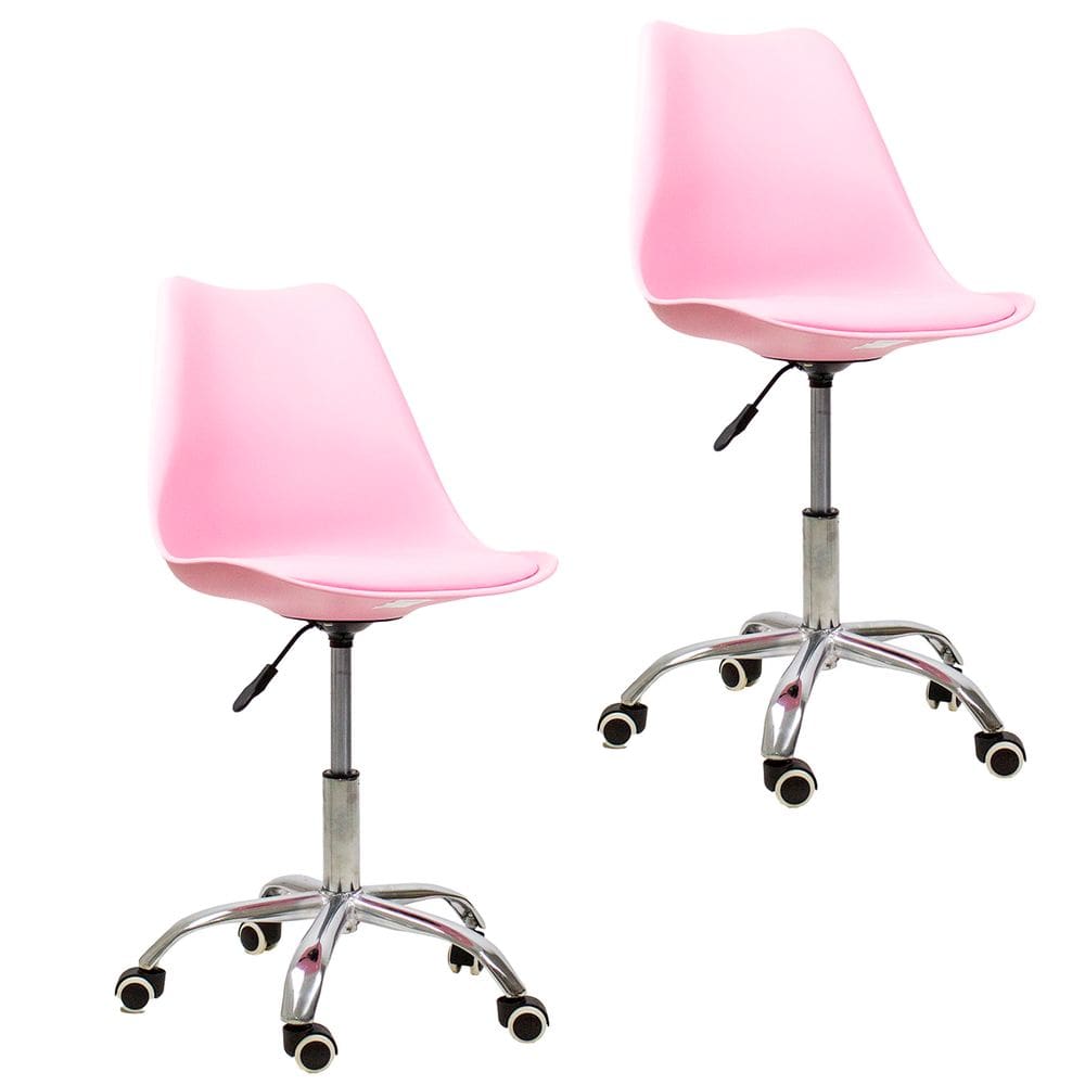 Kit 02 Cadeiras Office Base Cromada Com Rodizio Giratória Saarinen Rosa