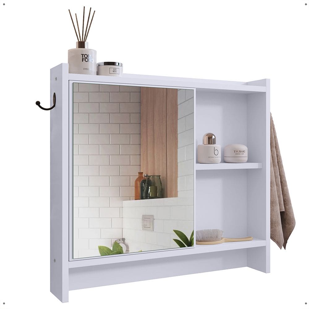 Espelheira Genova Armário Suspenso Gancho Prateleira Organizadora Armarinho Banheiro Branco - Lojas RPM