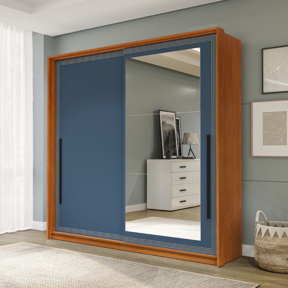 Guarda Roupa Roupeiro 2 portas de correr 2 gavetas com Espelho Valência Freijó Azul Politorno Móveis