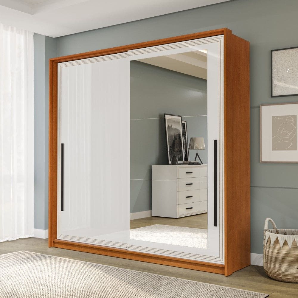 Guarda Roupa Roupeiro 2 portas de correr 2 gavetas com Espelho Valência Freijó Branco Politorno Móveis