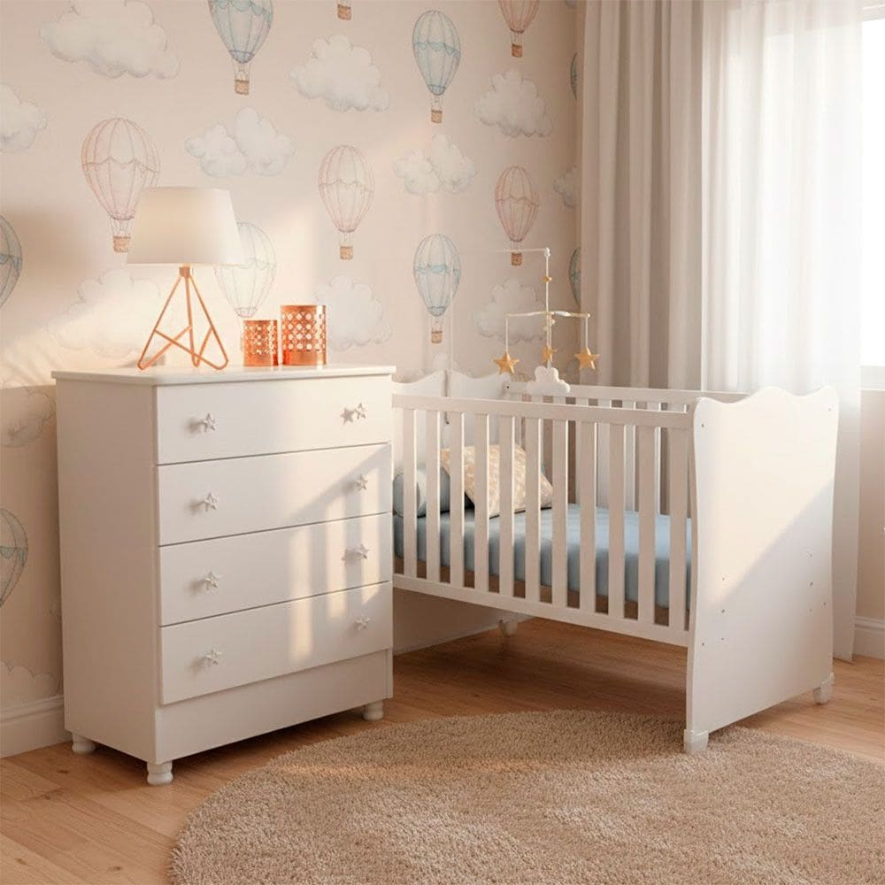 Quarto de Bebe Infantil Doce Sonho Berco e Comoda 4 Gavetas Qmovi