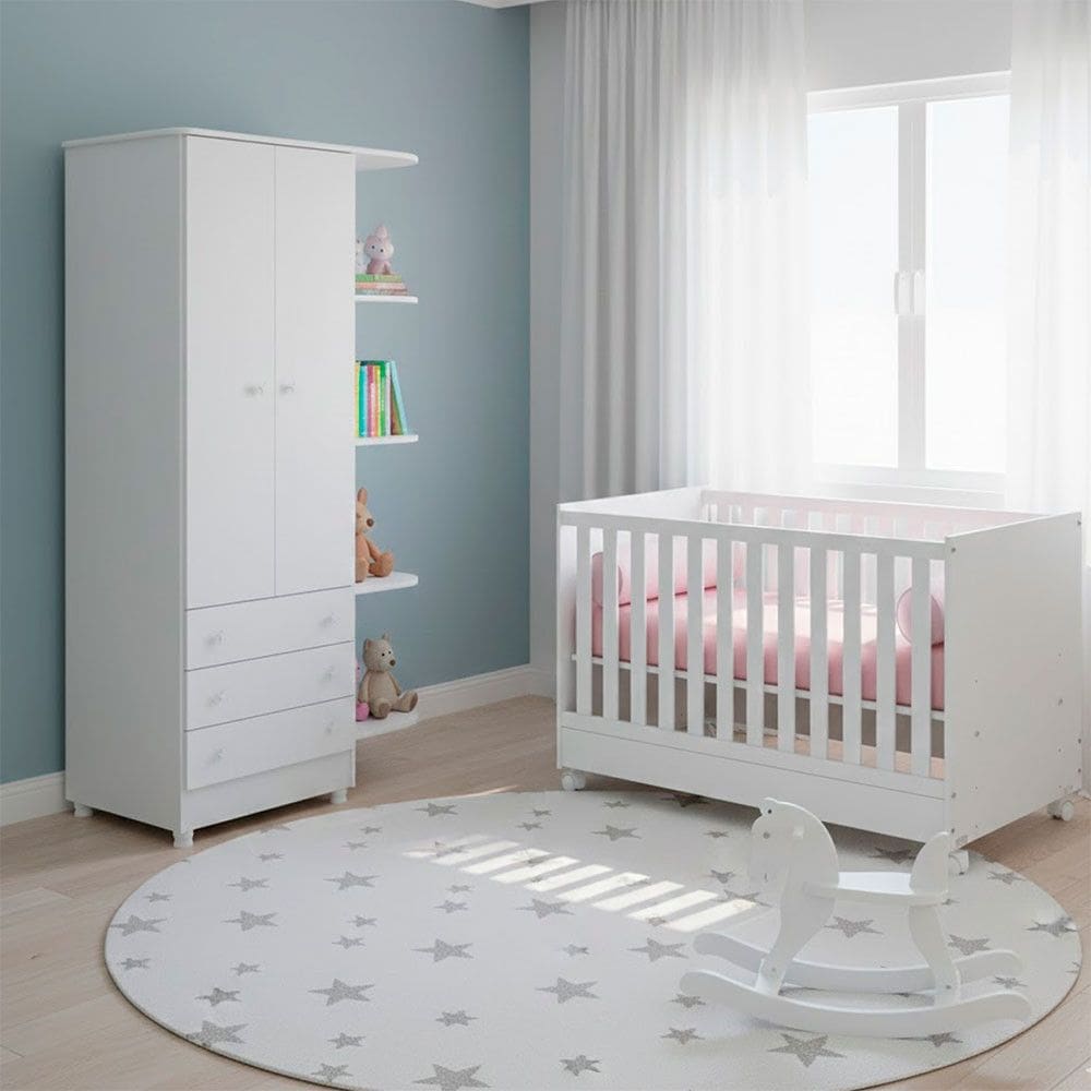 Quarto de Bebe Infantil Doce Sonho Berco Mini Cama e Guarda Roupas Multiuso Qmovi