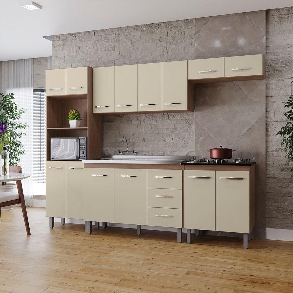 Cozinha íris Completa Com Balcão Rosa E Cooktop 5 Bocas Mb1 300cm Cor Savana Off White