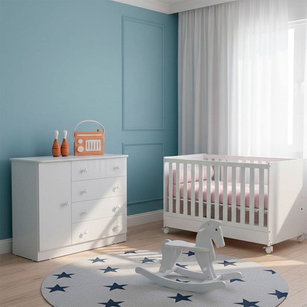 Quarto Bebe Infantil Doce Sonho Berco Mini Cama e Comoda Sapateira 1 Porta 4 Gavetas Qmovi