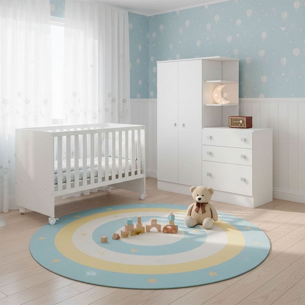 Quarto Bebe Infantil Doce Sonho Berco Reto Rodizio e Guardar Roupas com Comoda Qmovi