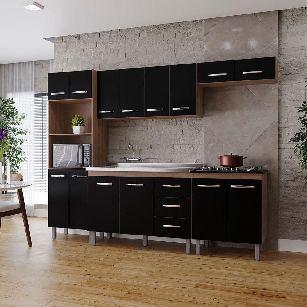 Cozinha íris Completa Com Balcão Rosa E Cooktop 4 Bocas Mb1 300cm Cor Savana Preto