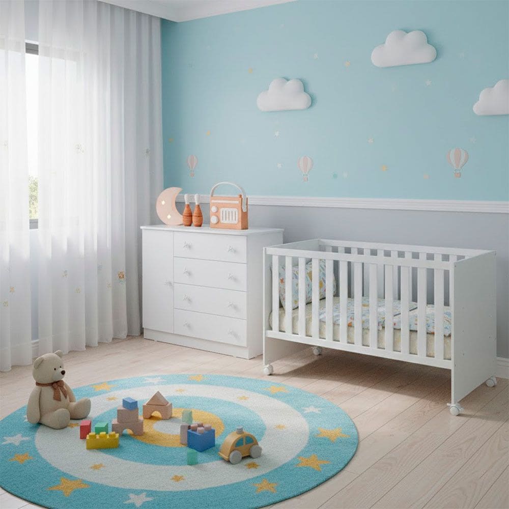 Quarto Bebe Infantil Doce Sonho Berco Reto Rodizio e Comoda Sapateira 1 Porta 4 Gavetas Qmovi