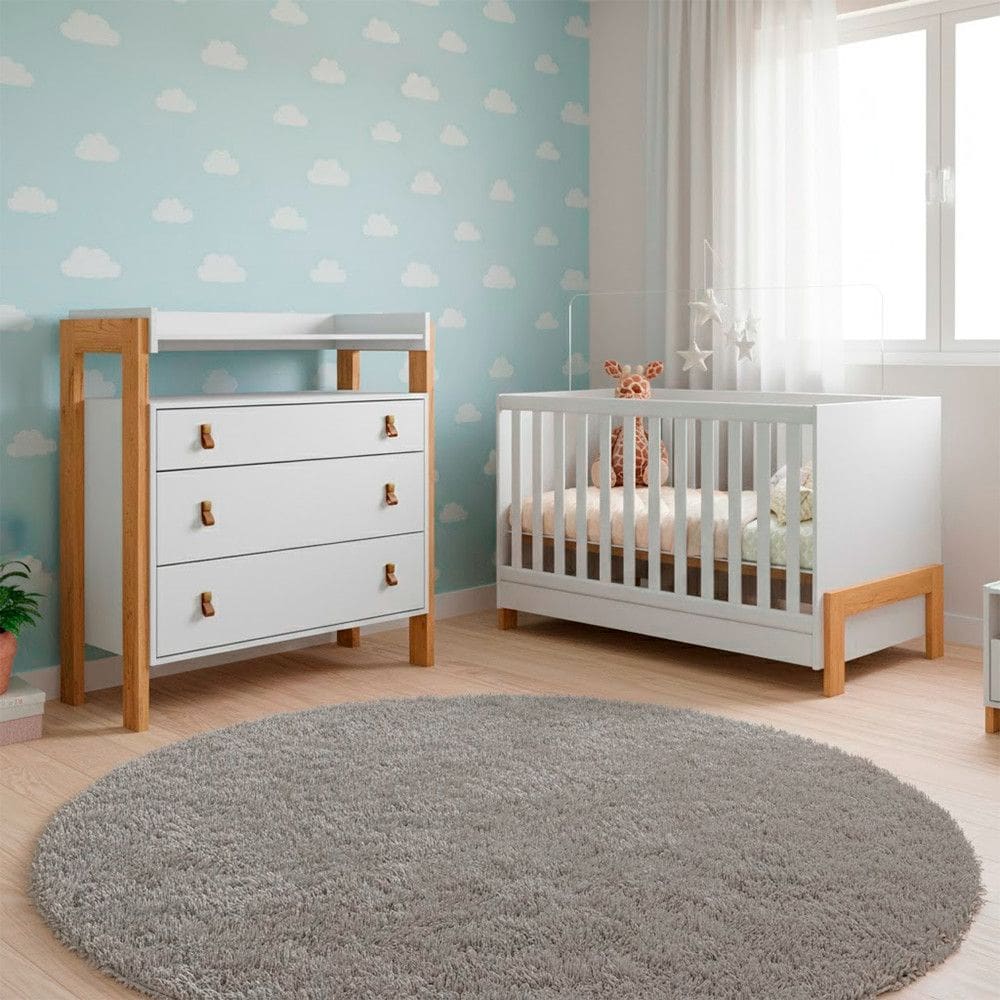 Quarto Bebe Completo Berco Vira Cama e Comoda Trocador 3 Gavetas Doce Sonho Qmovi