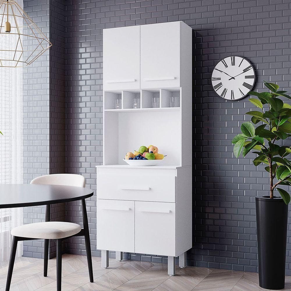 Paneleiro Zínia 4 Portas 1 Gaveta Cozinha Mb1 200cm Cor Branco