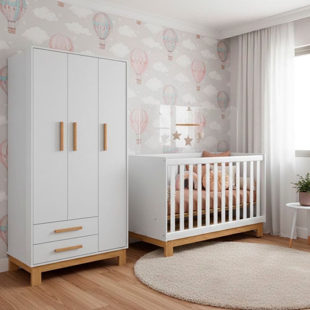 Quarto Bebe Infantil Q Encanto Berco Vira Cama e Guarda Roupas 3 Portas 2 Gavetas Slim Qmovi