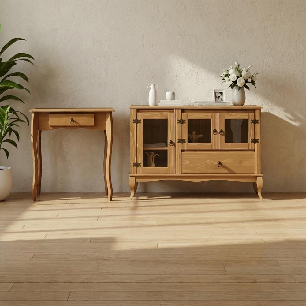 Kit Aparador E Balcão Em Madeira Maciça Rústica Com Vidro