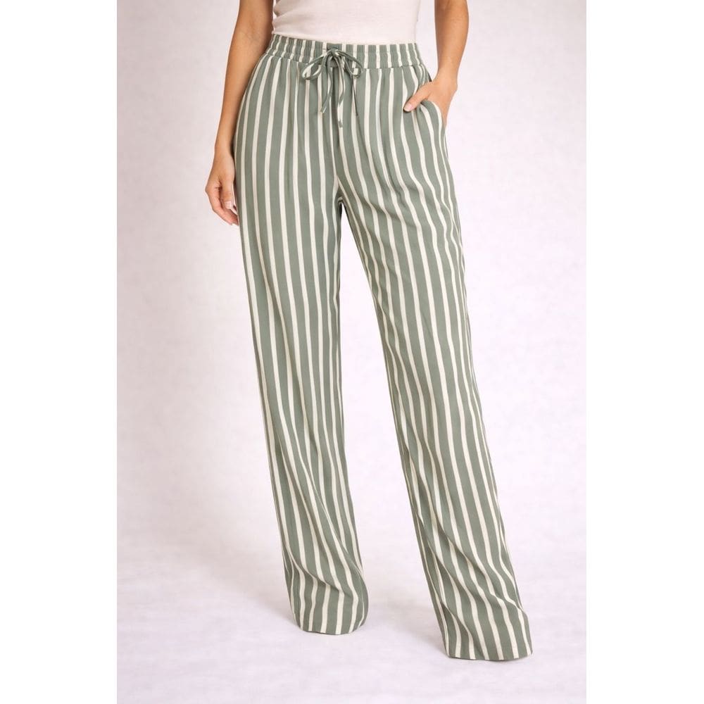 Calça Pantalona Feminina Estampada Listrada com Cós Elástico e Amarração Frontal