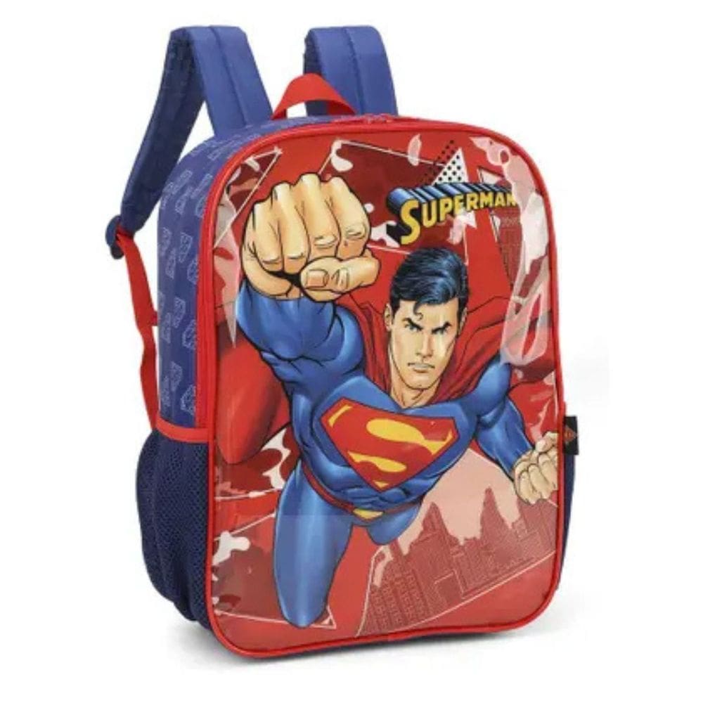 Mochila de Costas Meninos Super Man Super Homem Reforçada Resistente Bolsos para Garrafinha - Super Man - Luxcel