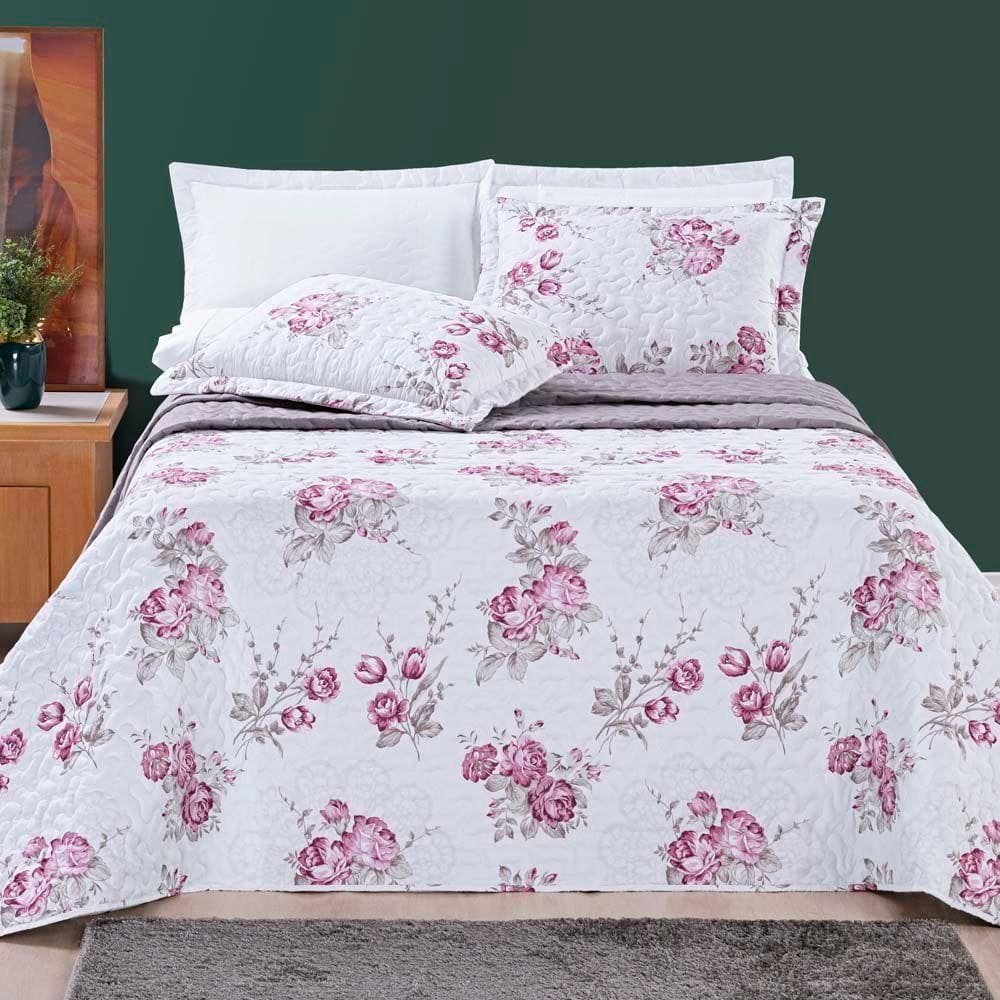 Kit Cobre Leito Colcha Celi Queen Dupla Face Micropercal 200 Fios 3 Peças - Palha Florido