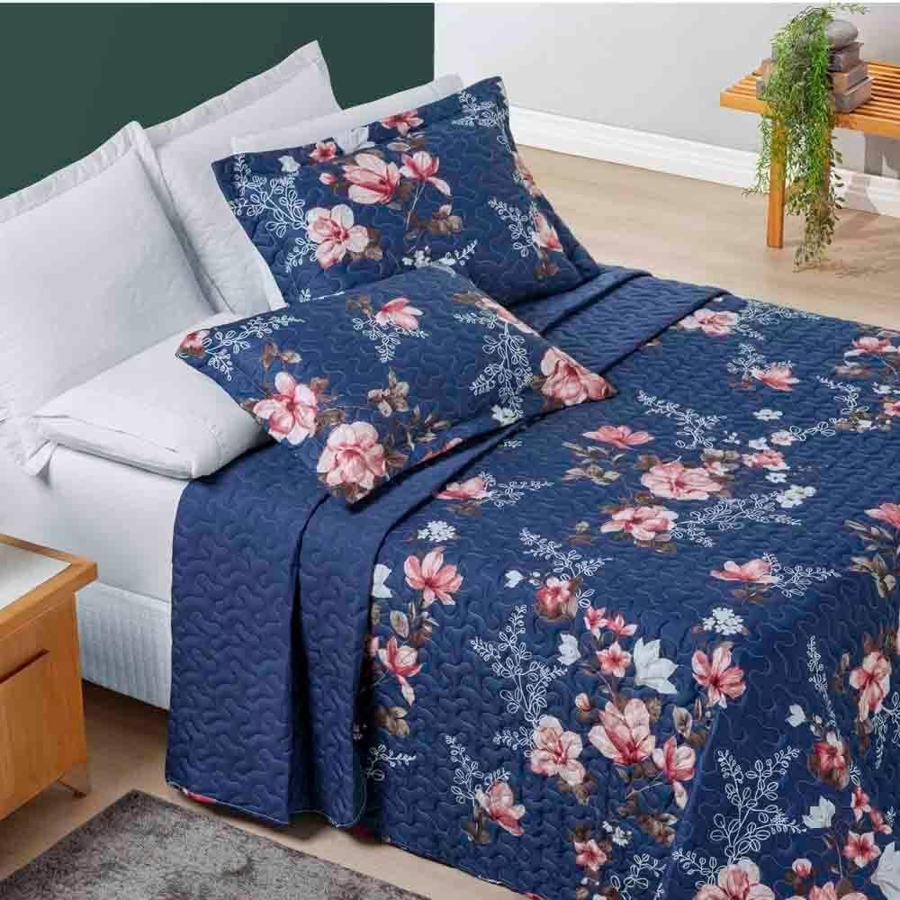 Kit Cobre Leito Colcha Celi Queen Dupla Face Micropercal 200 Fios 3 Peças - Azul Marinho Floral