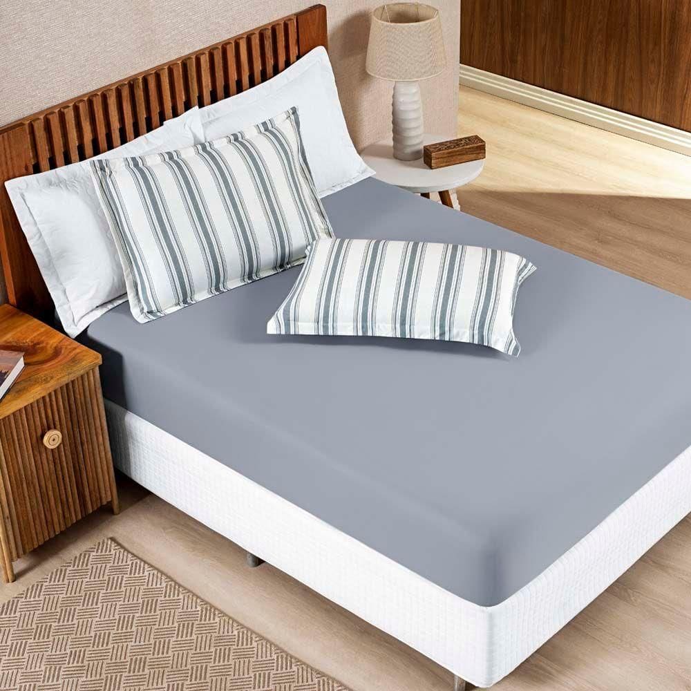Jogo Cama Lençol Daily Casal Padrão Malha 100% Algodão Listrado 3 Peças - Cinza