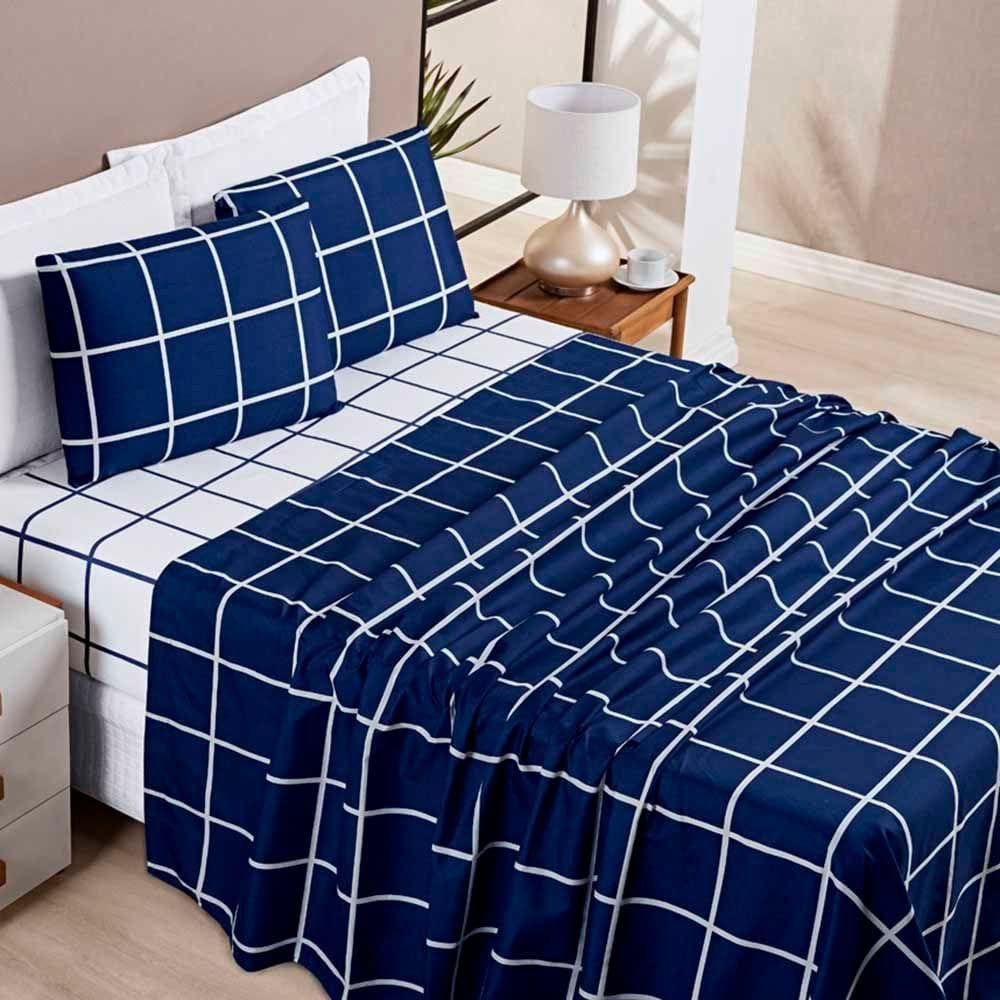 Jogo De Lençol Minimalista King 4 Peças Percal 200 Fios Quadriculado - Azul Marinho - 100% Poliéster