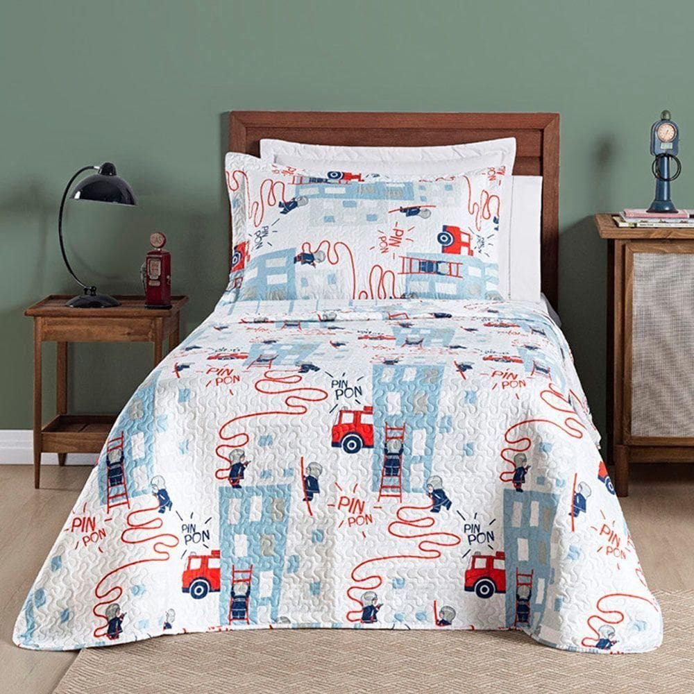 Kit Cobre Leito Colcha Solteiro Infantil Fantasy Dupla Face Microfibra 2 Peças - Bombeiro Branco
