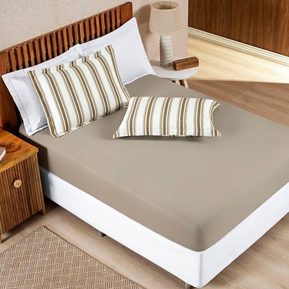 Jogo Cama Lençol Daily Casal Padrão Malha 100% Algodão Listrado 3 Peças - Cáqui