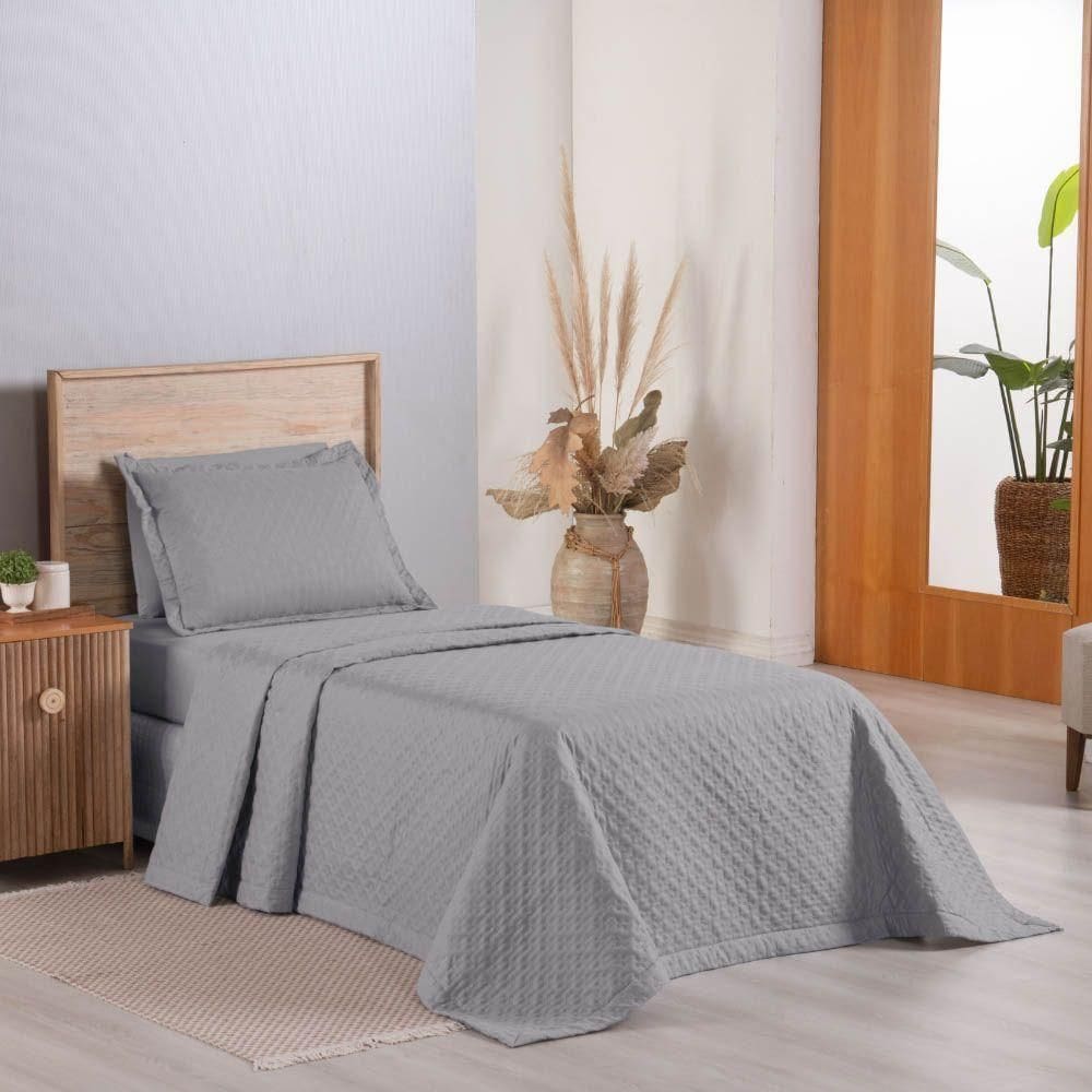 Kit Cobre Leito Colcha Select Solteiro 2 Peças Matelado Dupla Face Microfibra-Cinza - 100% Poliéster