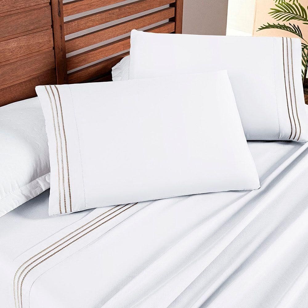 Jogo Cama Lençol Honore King Micro Percal 200 Fios C/ Detalhes Bordados 4 Peças - Branco Neve Taupe