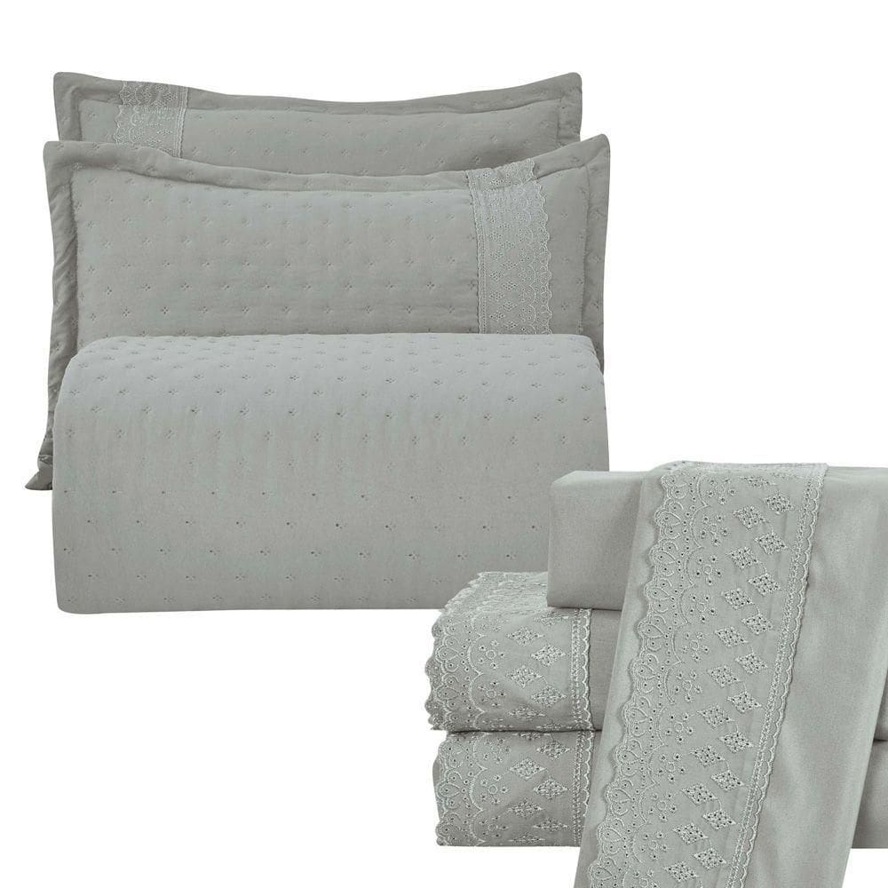 Kit Coordenado Grécia Cobre Leito + Jogo De Cama Queen Bordado Inglês 300 Fios - 7 Peças - Cinza