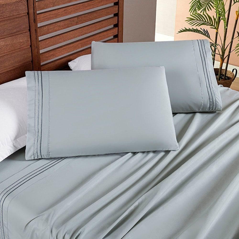 Jogo Cama Lençol Honore Casal Padrão Micro Percal 200 Fios C/ Detalhes Bordados 4 Peças-Cinza Geada