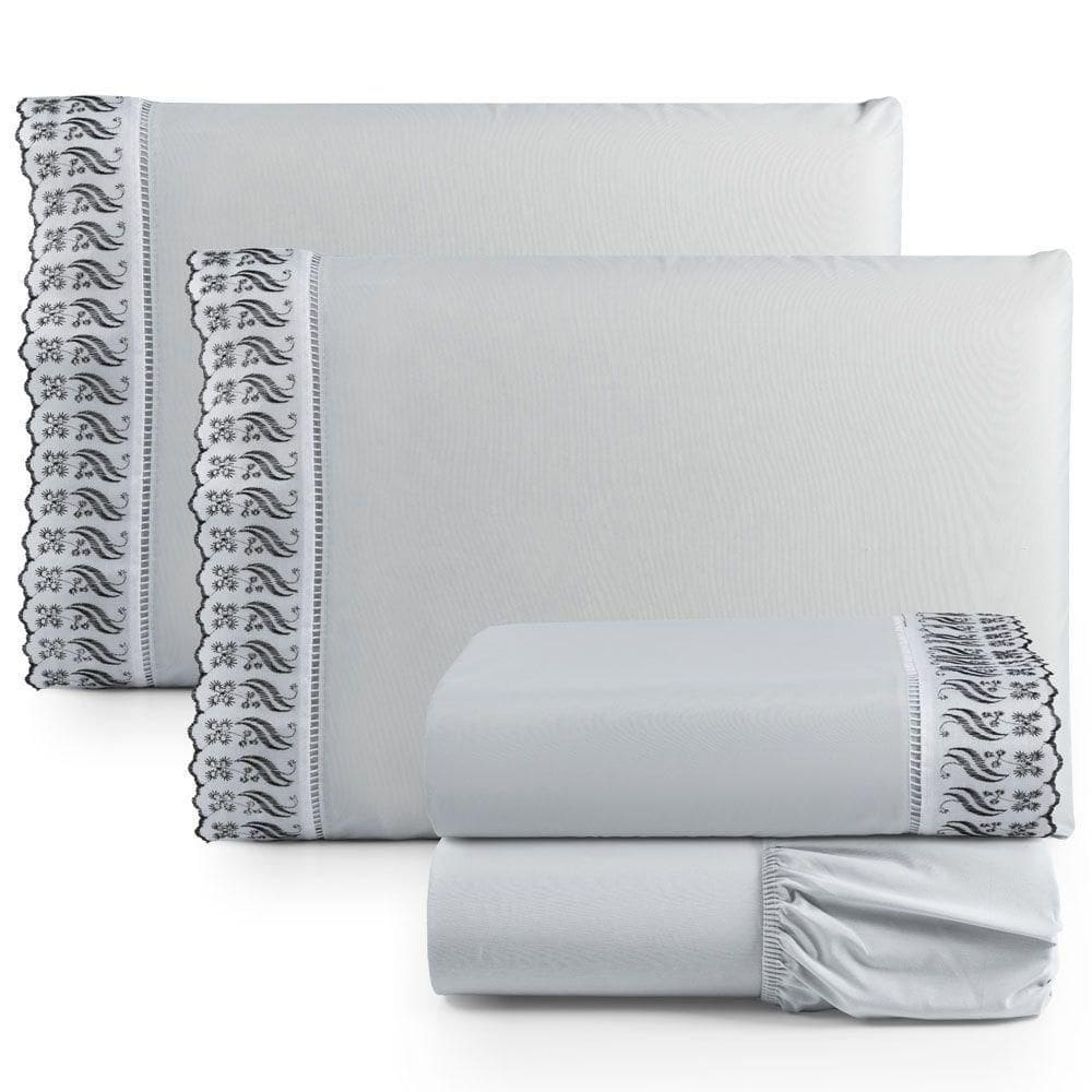Jogo Cama Lençol Paris Casal Padrão Percal 180 Fios 100% Algodão Lese Bordada 4 Peças - Cinza