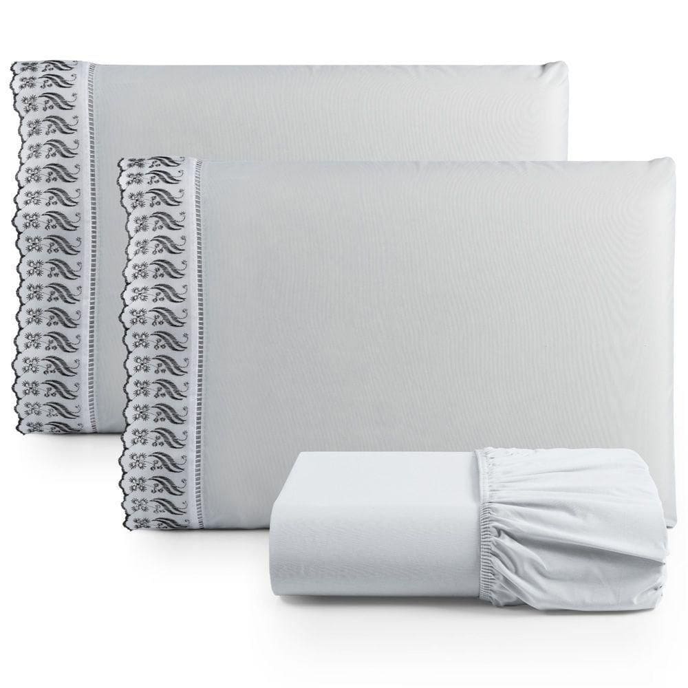 Jogo Cama Lençol Paris Casal Padrão Percal 180 Fios 100% Algodão Lese Bordada 3 Peças - Cinza