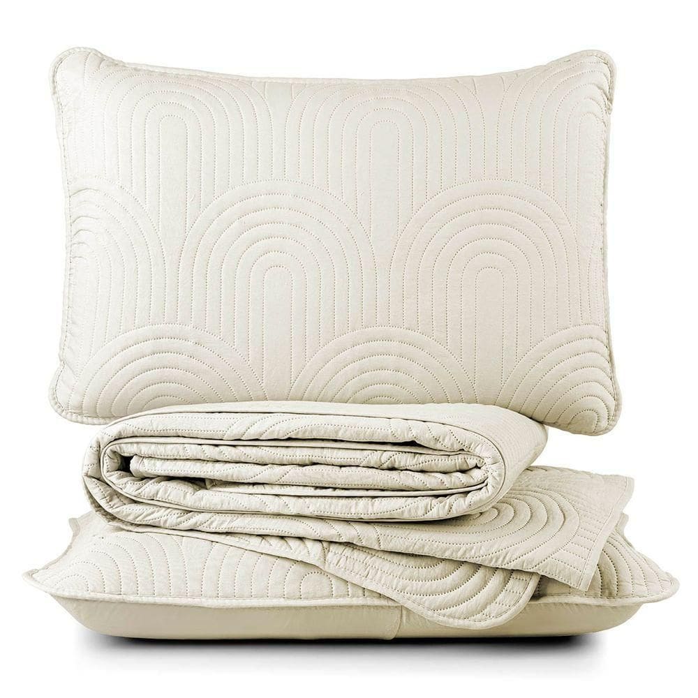 Kit Cobre Leito Colcha Arcos Casal Padrão Dupla Face Matelado 200 Fios 3 Peças Baunilha Palha