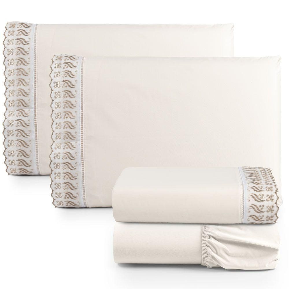 Jogo Cama Lençol Paris Casal Padrão Percal 180 Fios 100% Algodão Lese Bordada 4 Peças - Palha