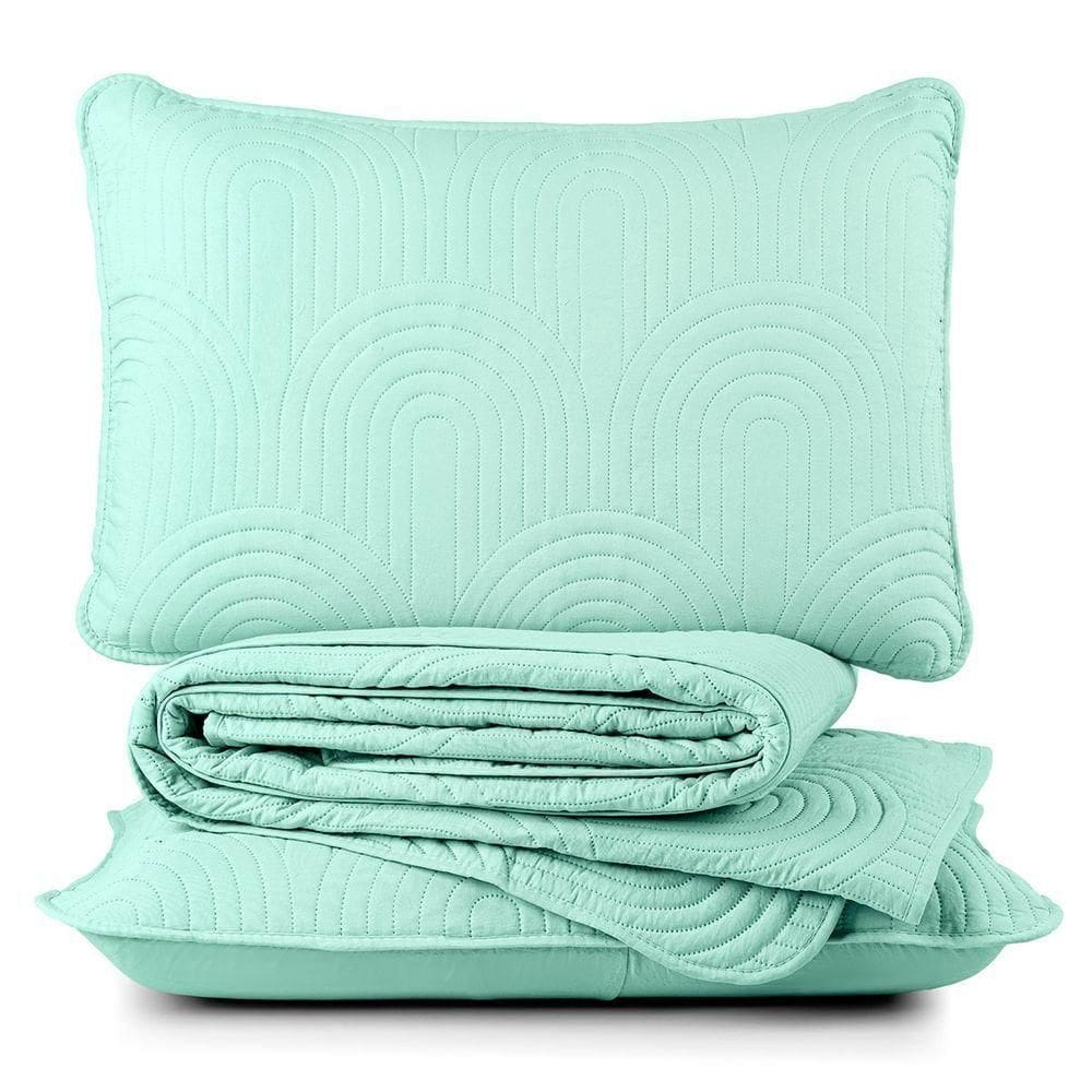 Kit Cobre Leito Colcha Arcos Casal Padrão Dupla Face Matelado 200 Fios 3 Peças Verde