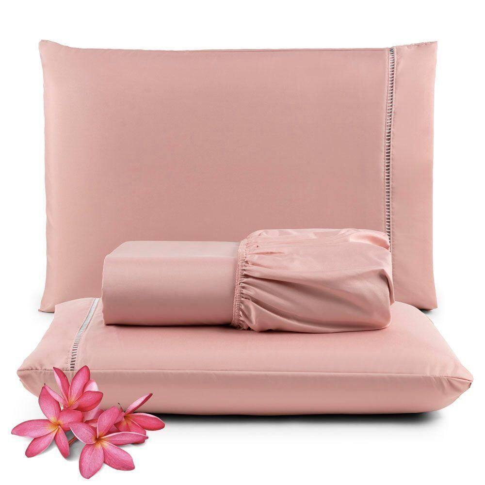 Jogo Cama Lençol Unique King 400 Fios Ponto Palito 3 Peças - Rosê