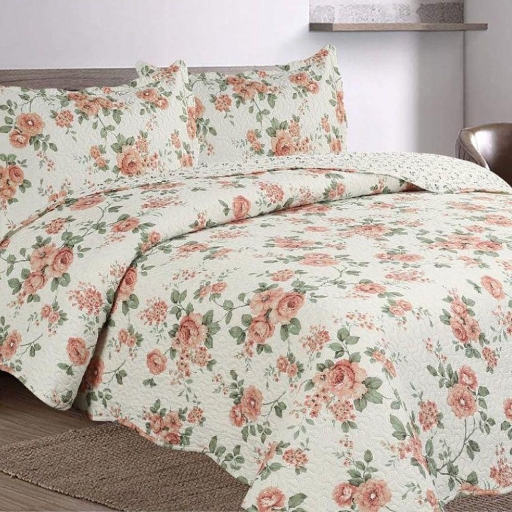 Kit Cobre Leito Colcha Mix King Estampado Dupla Face Floral 3 Peças - Débora
