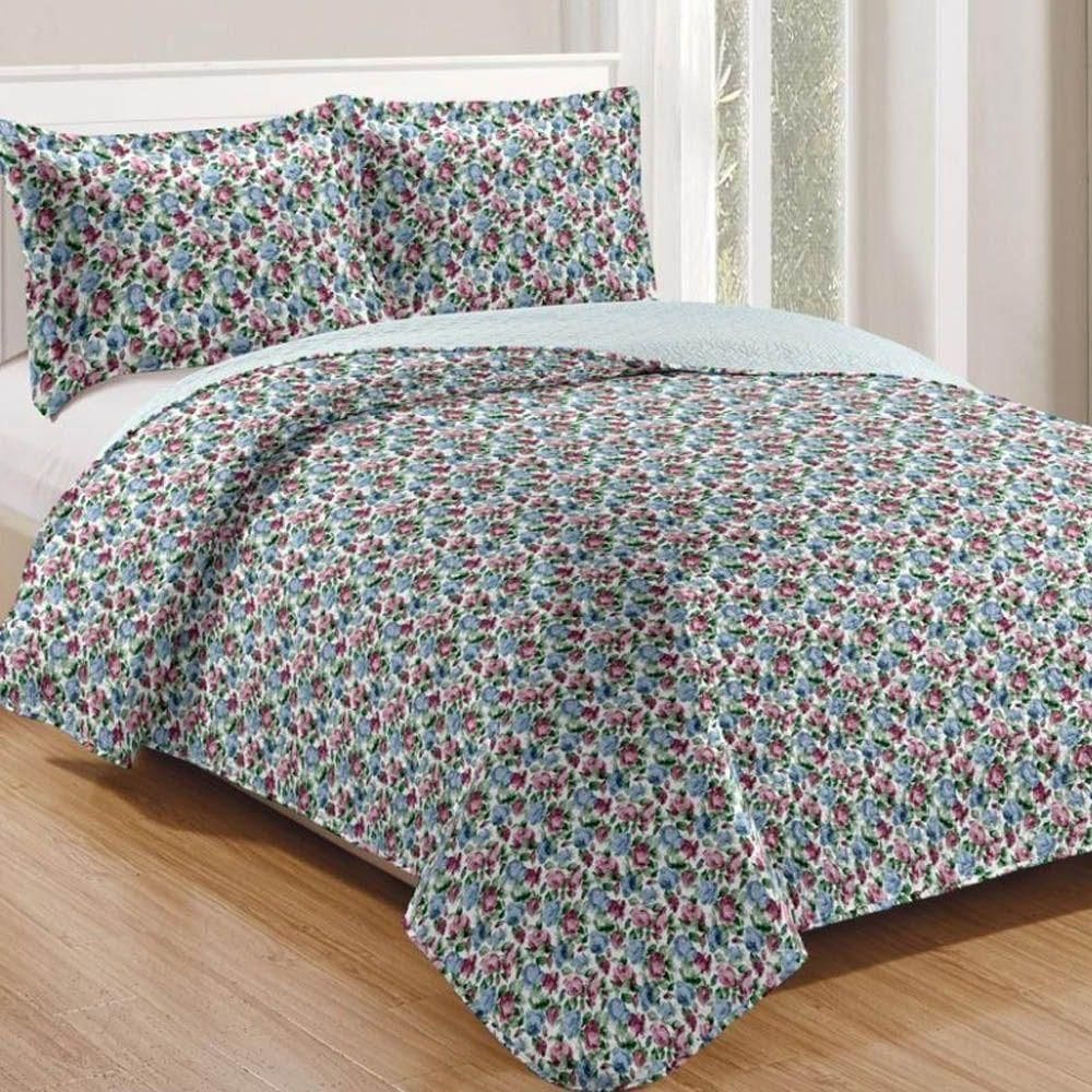 Kit Cobre Leito Colcha Mix King Estampado Dupla Face Floral 3 Peças - Clarisse